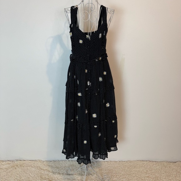 FREE PEOPLE DAISY CHAIN EMBROIDERY FLORAL A-LINE MIDI DRESS BLACK SZ XS BUTTONS - Picture 3 of 13